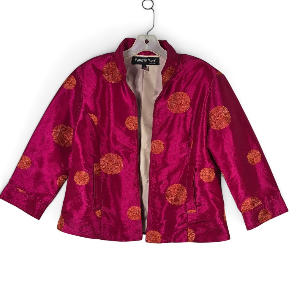 VTG Painted Pony Jacket Women Small Open Front Magenta Pink Embroidered Circle